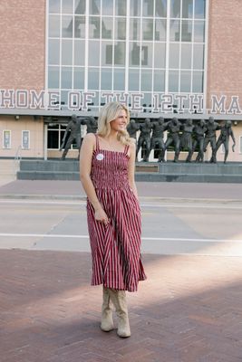 Smocked Bodice Striped Midi Dress