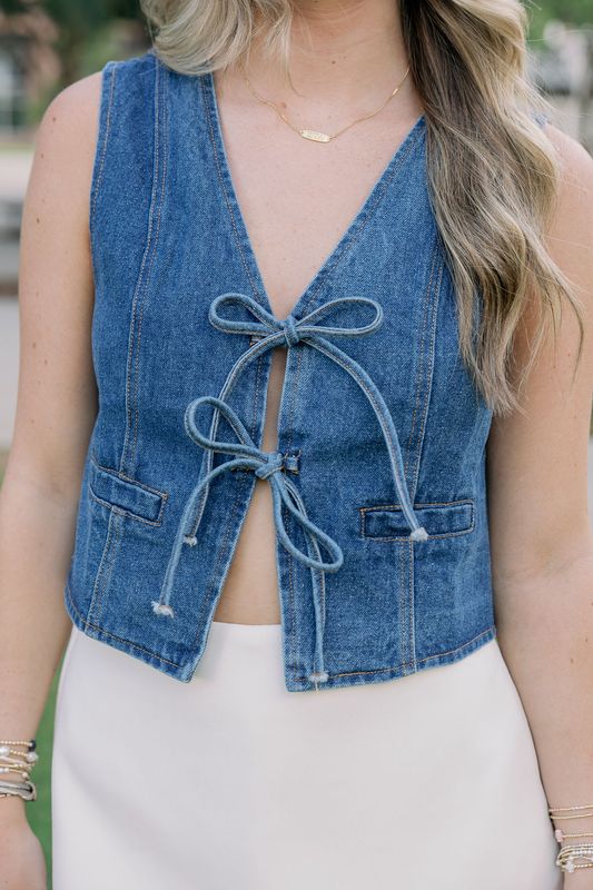 Denim Sleeveless Vest W/ Bow Detail