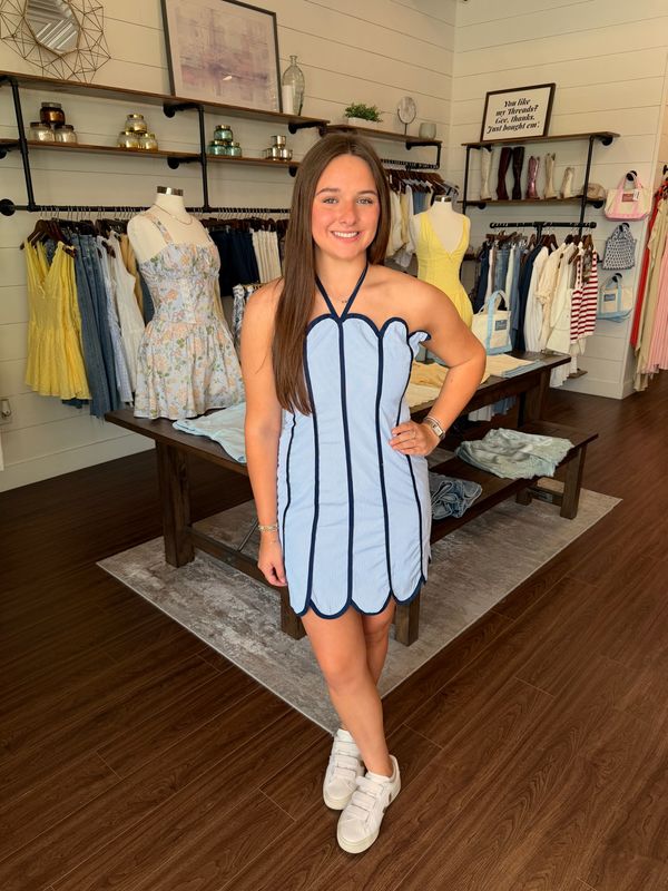 Halter Scalloped Trim Striped Mini Dress