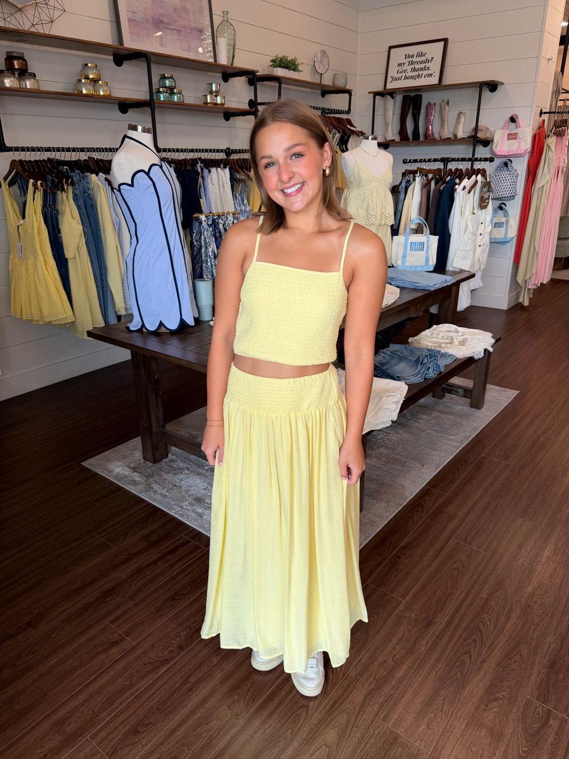 Smocked Crop Top &amp; High Waisted Smocked Midi Skirt