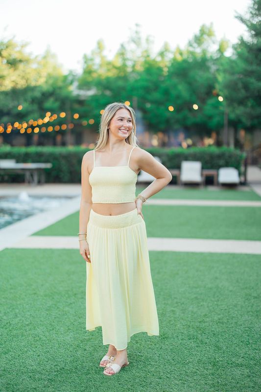 Smocked Crop Top &amp; High Waisted Smocked Midi Skirt