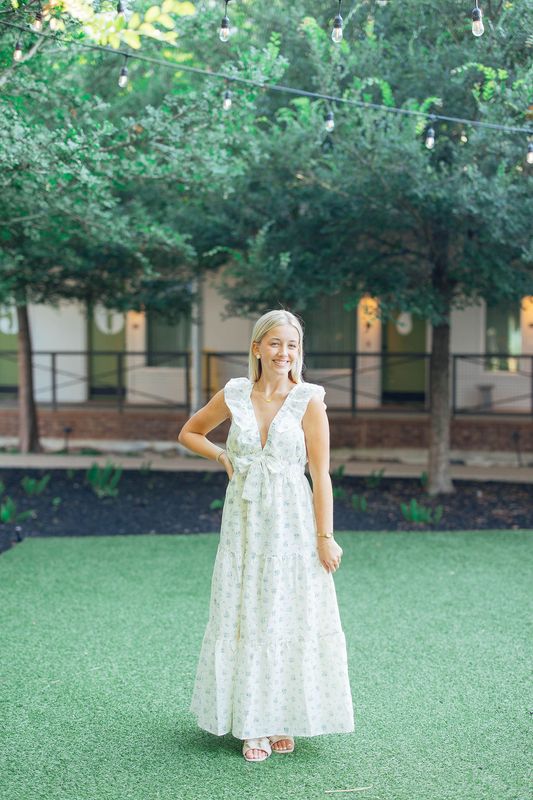 Ruffled Floral Eyelet Deep V Maxi