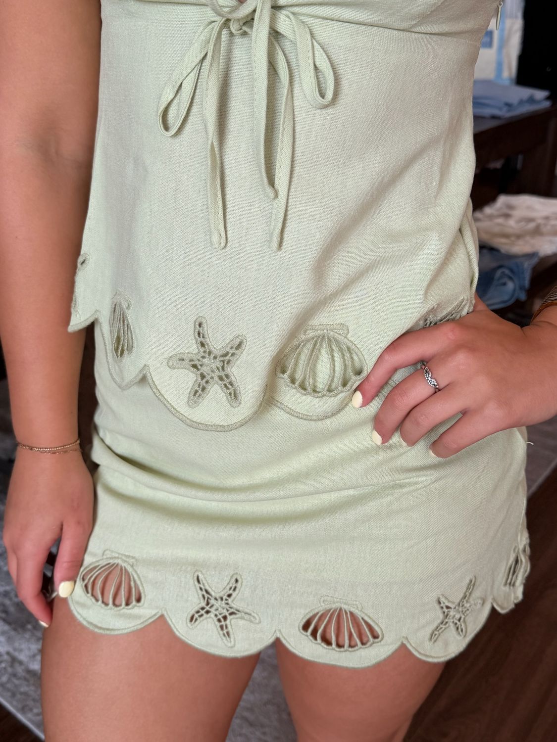 Linen Embroidered Scalloped Mini Skirt