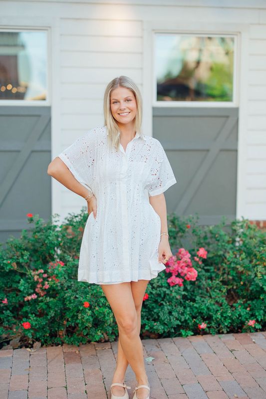 Eyelet Pleated Waist Button Down Mini Dress
