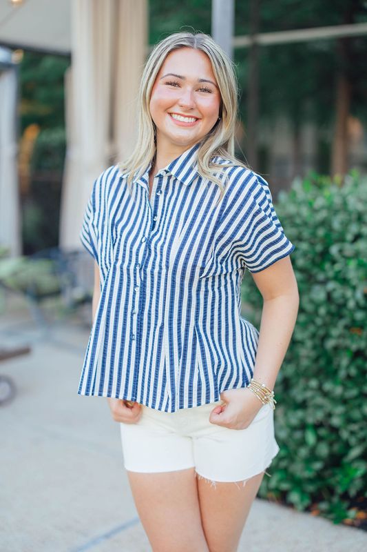 Striped Short Sleeve Button Down Top
