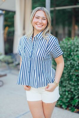 Striped Short Sleeve Button Down Top