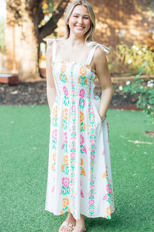 Shoulder Tie Smocked Top Midi Dress