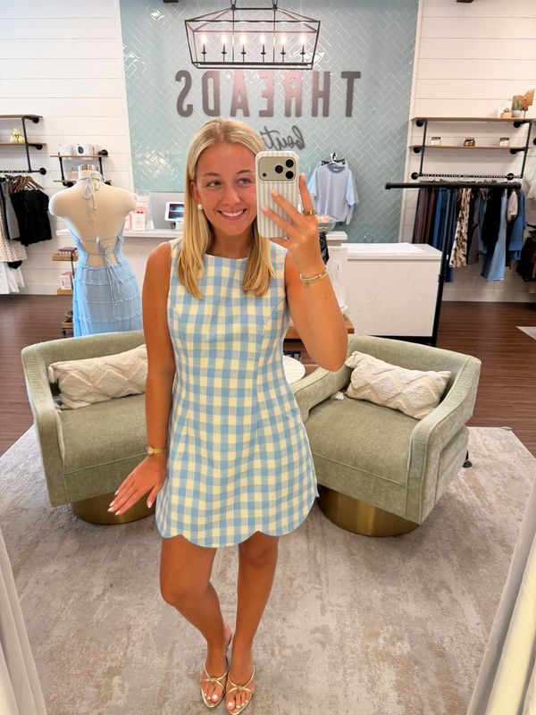 Textured Gingham Scalloped Hem Mini Dress
