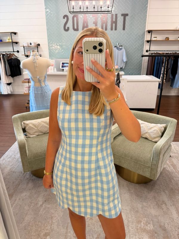 Textured Gingham Scalloped Hem Mini Dress