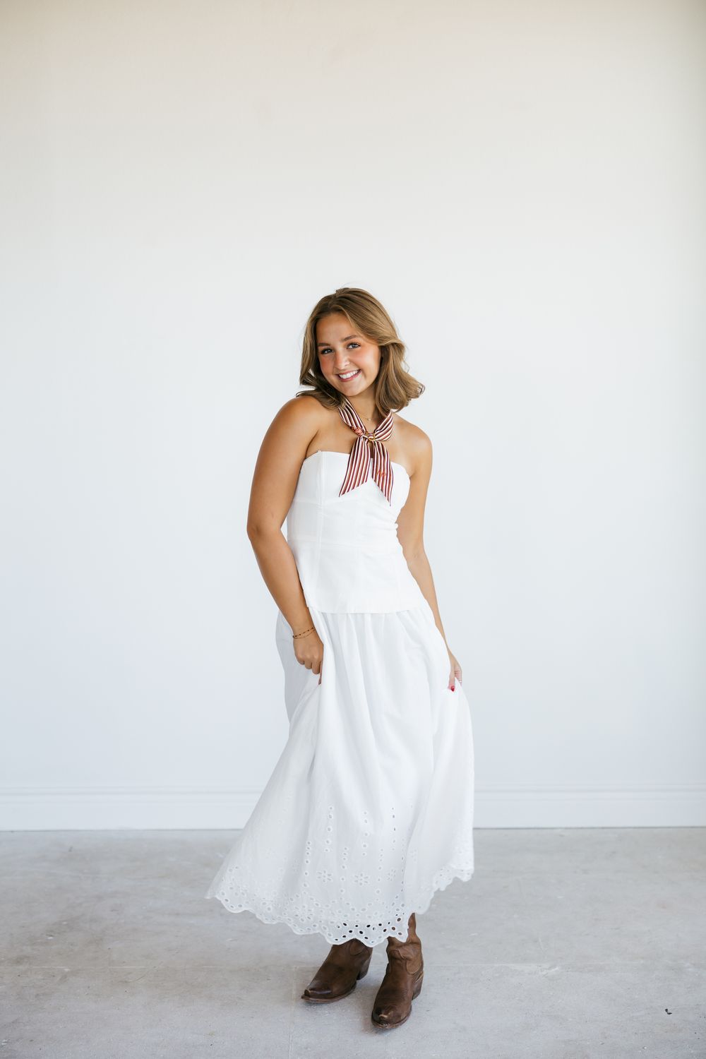 Strapless Linen Eyelet Hem Midi
