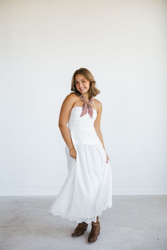 Strapless Linen Eyelet Hem Midi