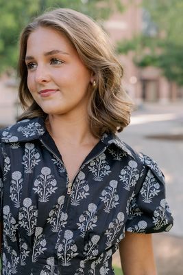 Embroidered Puff Sleeve Zip Up Mini 