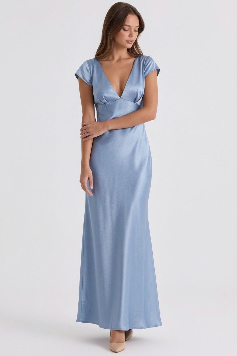 Cap Sleeve V-Neck Satin Midi Dress