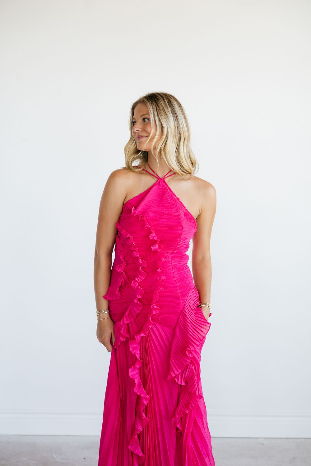 Cecilia Blue Ruched Chiffon Midi Dress, Color: - Fushia, Size: - XS