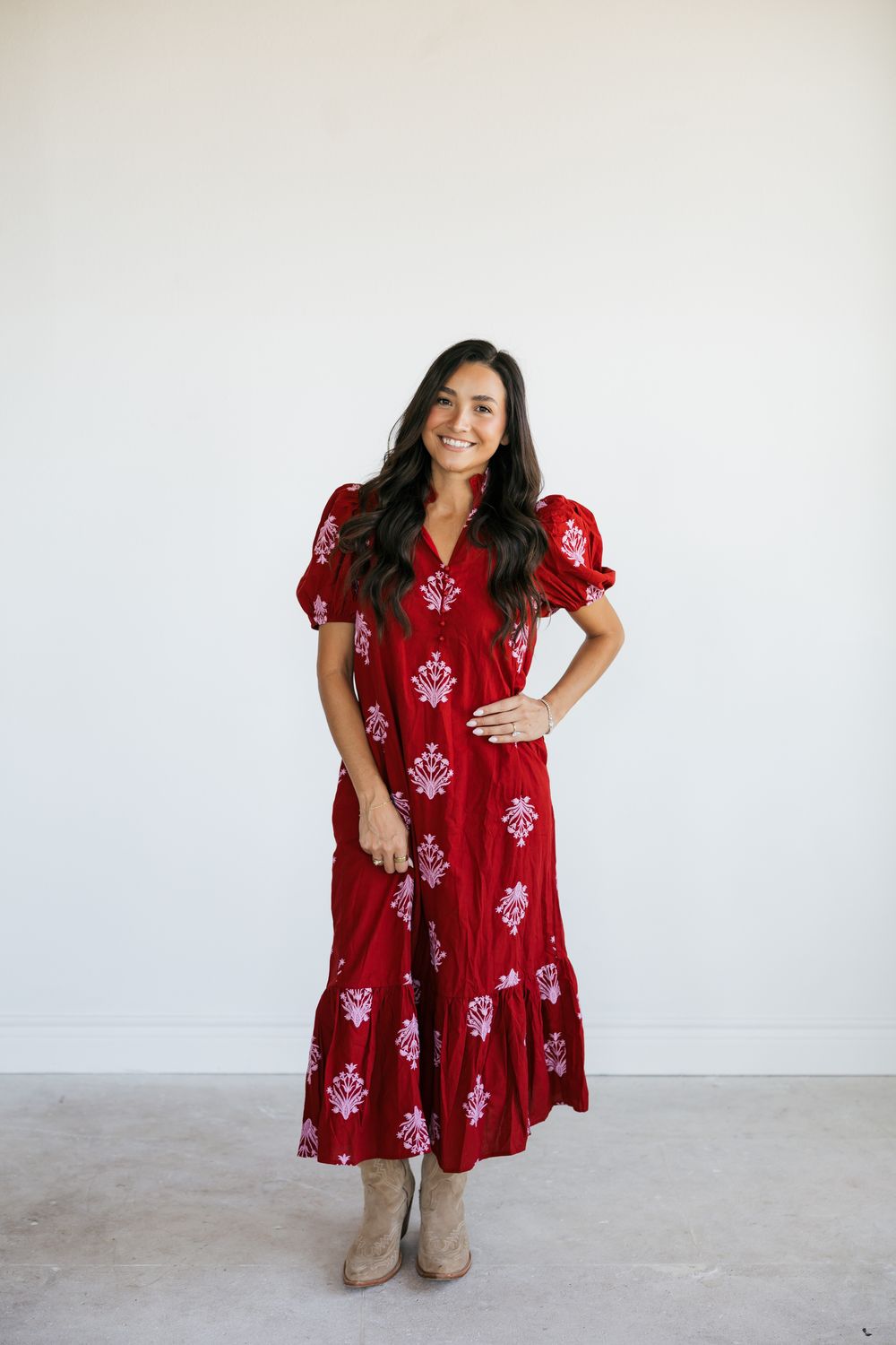 Floral Embroidery Short Puff Sleeve Midi Dress