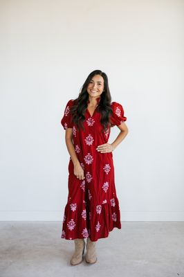 Floral Embroidery Short Puff Sleeve Midi Dress