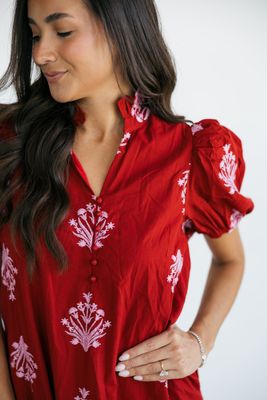 Floral Embroidery Short Puff Sleeve Midi Dress