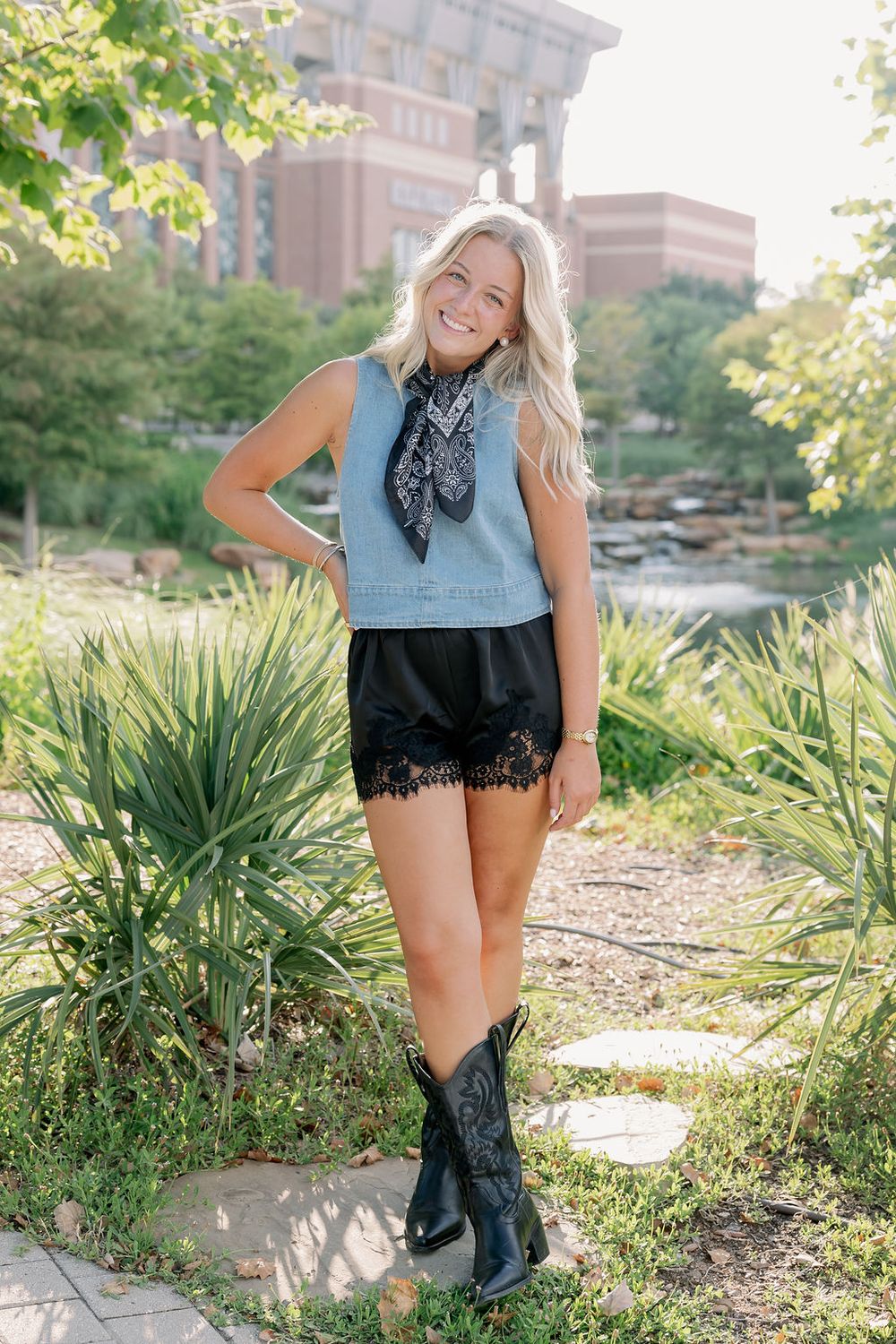 Sleeveless Flared Hem Crew Neck Denim Top