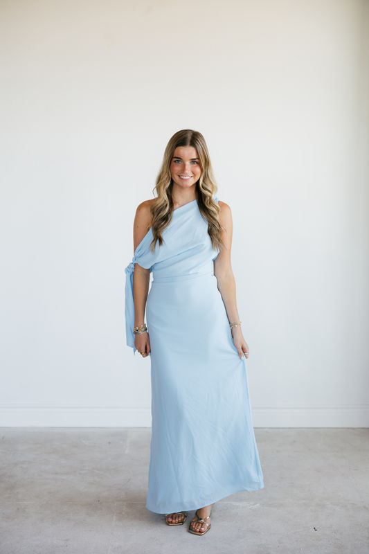Ciffon Asymmetrical Shoulder Tie Midi Dress
