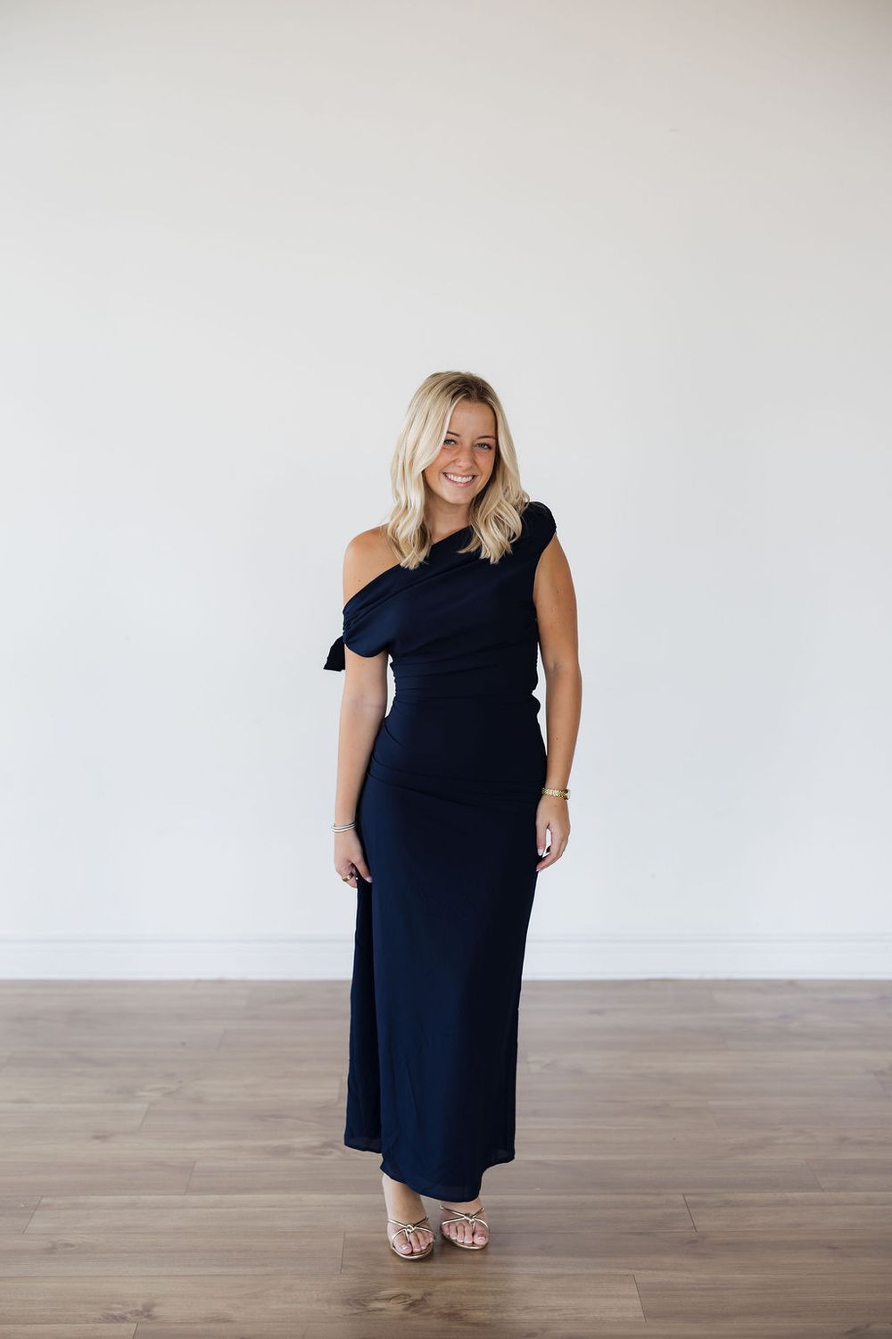 Chiffon Asymmetrical Shoulder Tie Midi Dress
