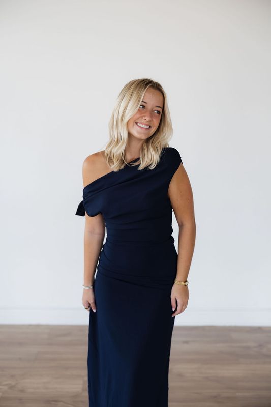 Chiffon Asymmetrical Shoulder Tie Midi Dress