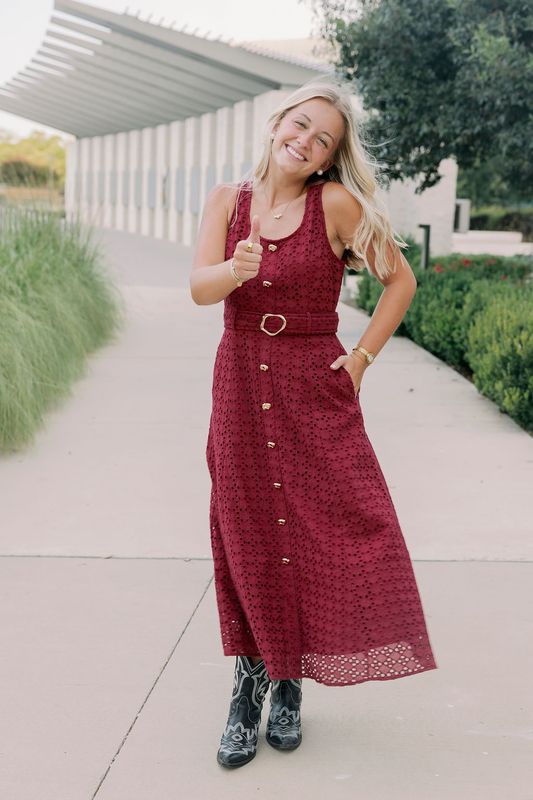 Eyelet Button Down Belted Midi Dress