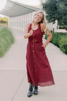 Eyelet Button Down Belted Midi Dress