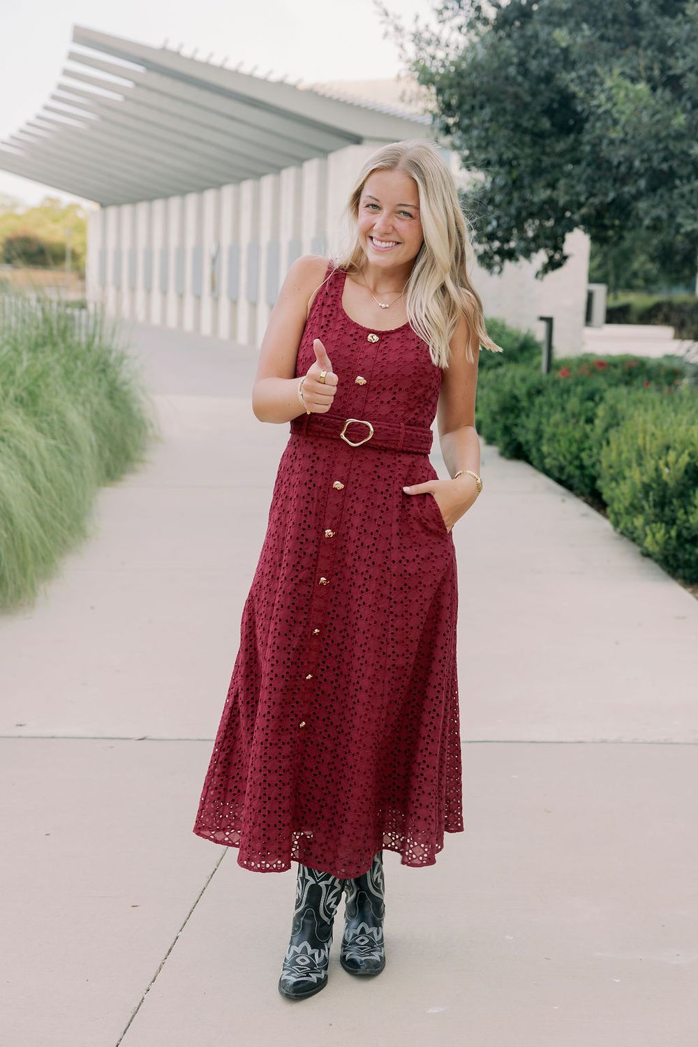 Eyelet Button Down Belted Midi Dress