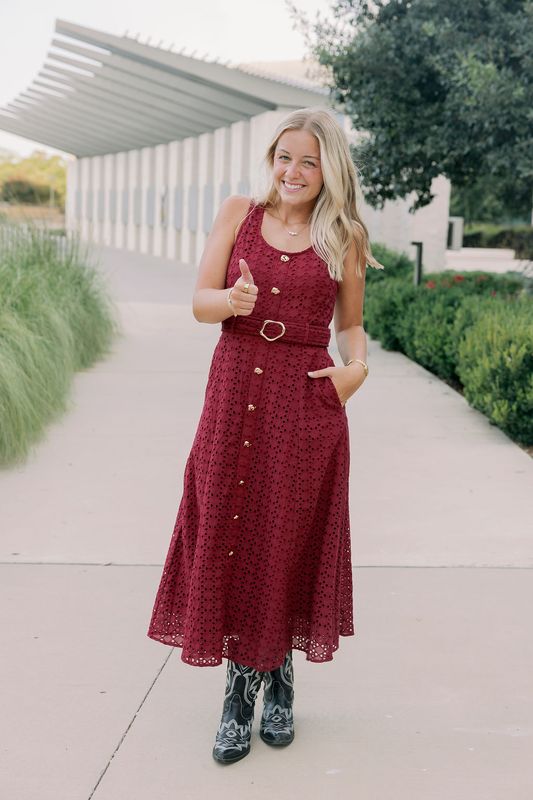Eyelet Button Down Belted Midi Dress