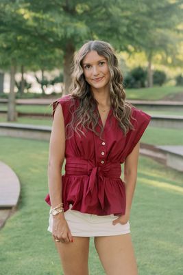 Solid V-Neck Sleeveless Waist Tie Blouse
