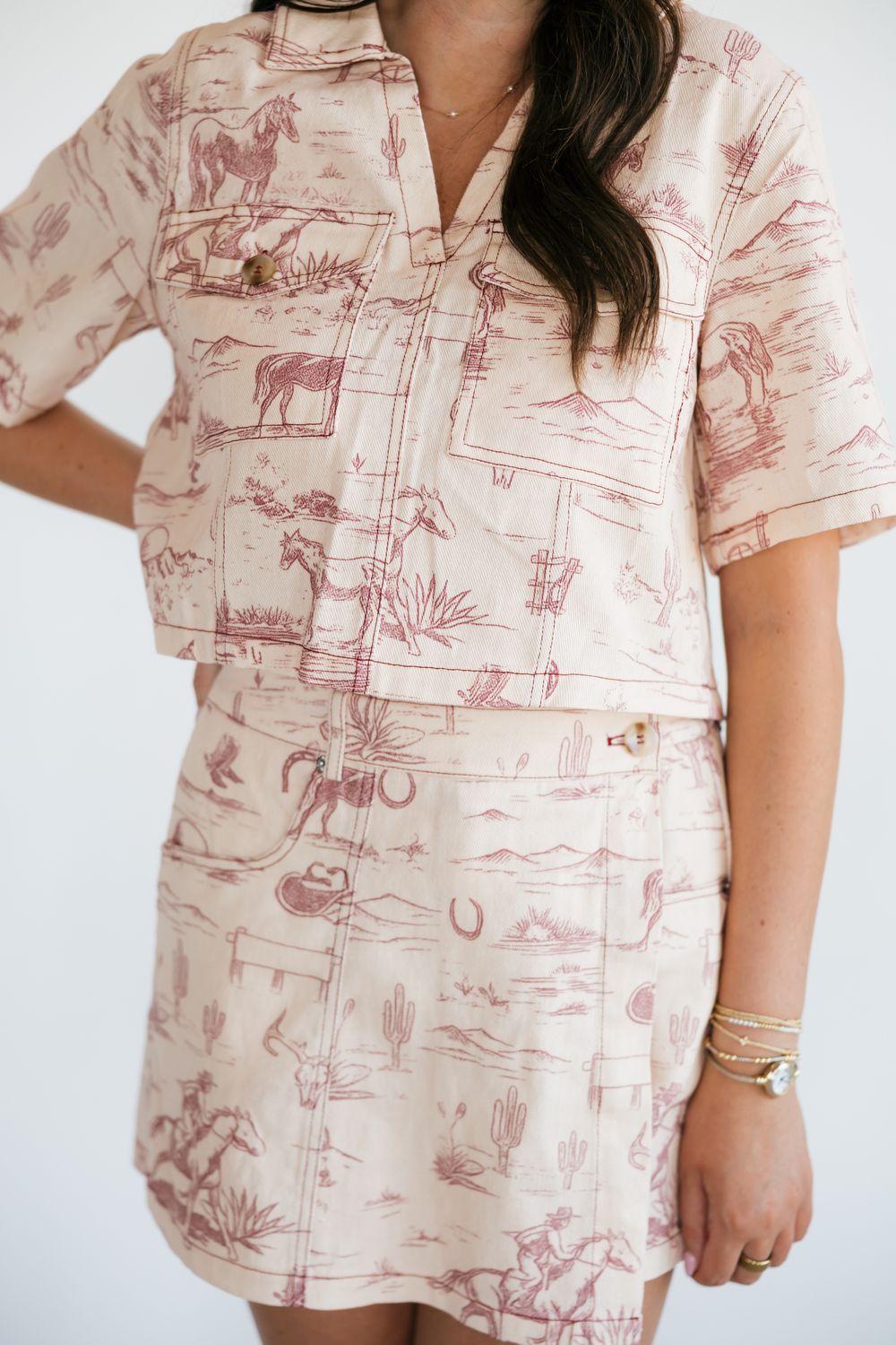 Western Print Denim Top &amp; Skirt Set
