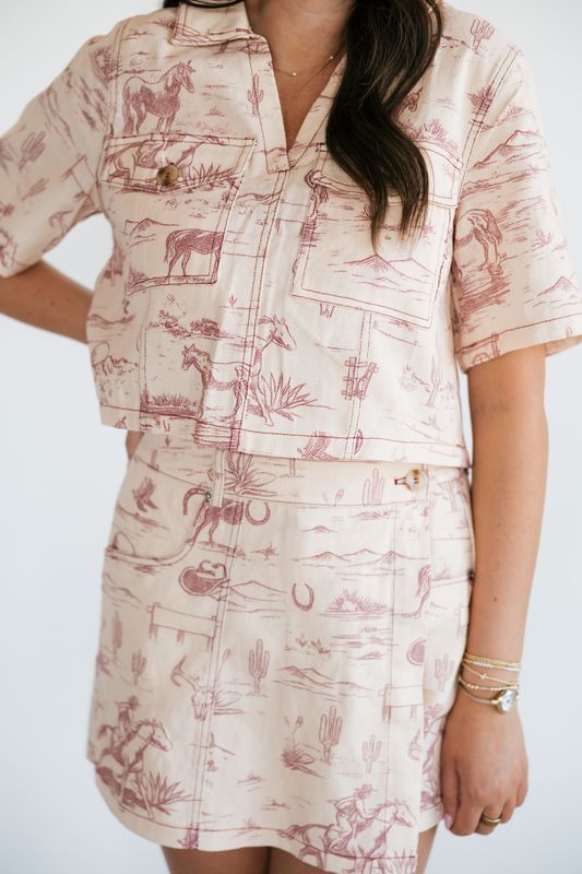 Western Print Denim Top &amp; Skirt Set