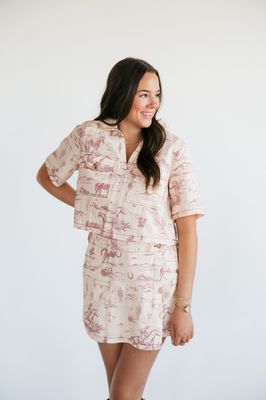 Western Print Denim Top &amp; Skirt Set