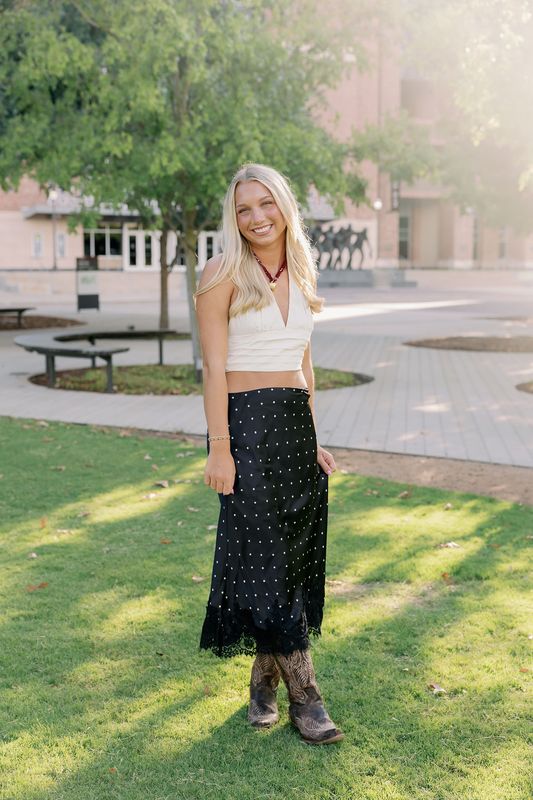 Polka Dot Satin Lace Trim Midi Skirt