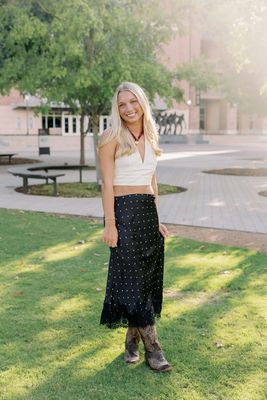 Polka Dot Satin Lace Trim Midi Skirt