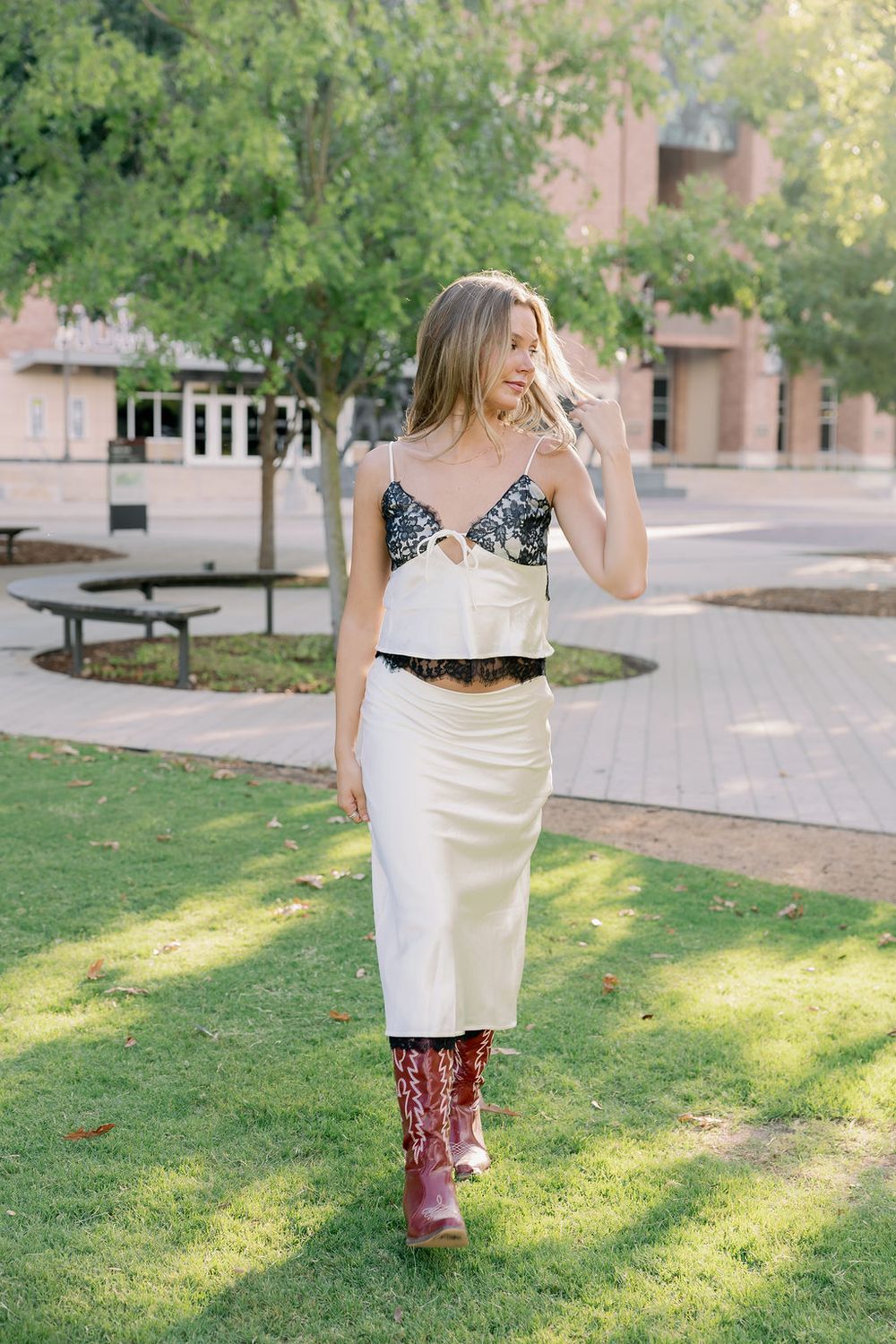 Contrast Satin &amp; Lace Top and Midi Skirt Set