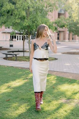 Contrast Satin &amp; Lace Top and Midi Skirt Set