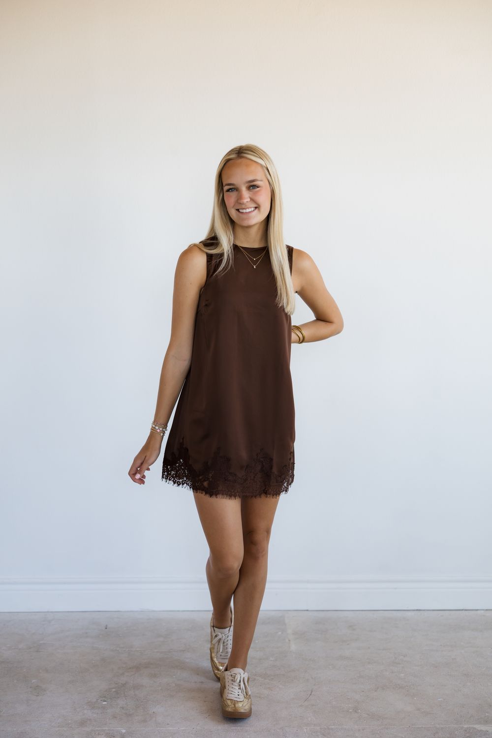 Satin Sleeveless Lace Trim Mini Dress