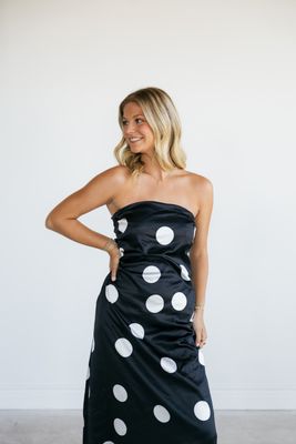 Satin Strapless Polka Dot Maxi Dress