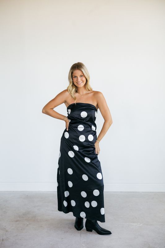 Satin Strapless Polka Dot Maxi Dress