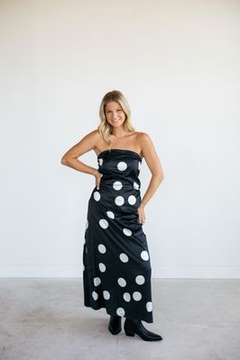 Satin Strapless Polka Dot Maxi Dress