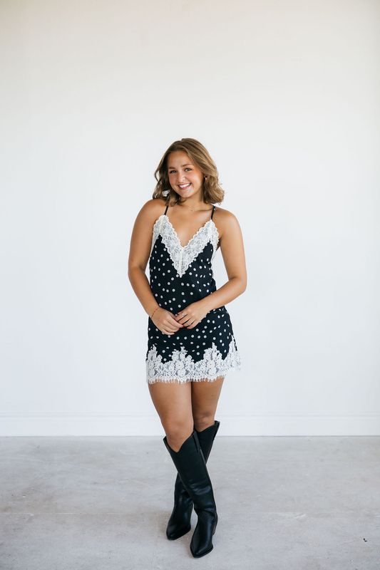 Satin Lace Detail Polka Dot Mini Dress