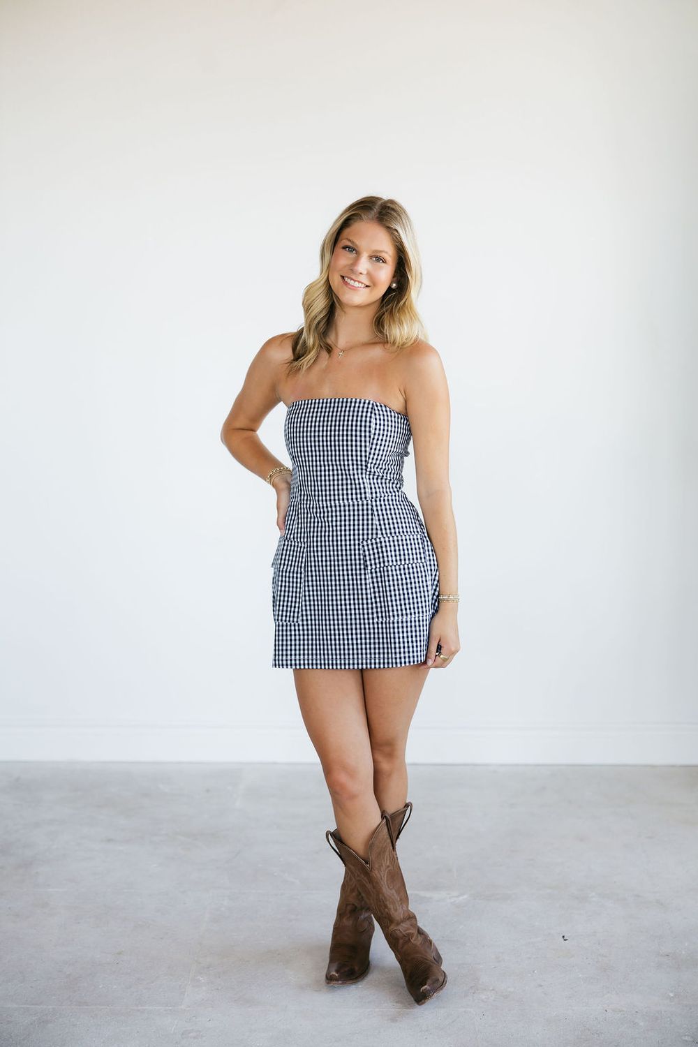 Strapless Checkered Front Pocket Mini Dress