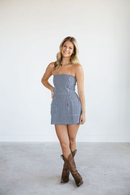 Strapless Checkered Front Pocket Mini Dress
