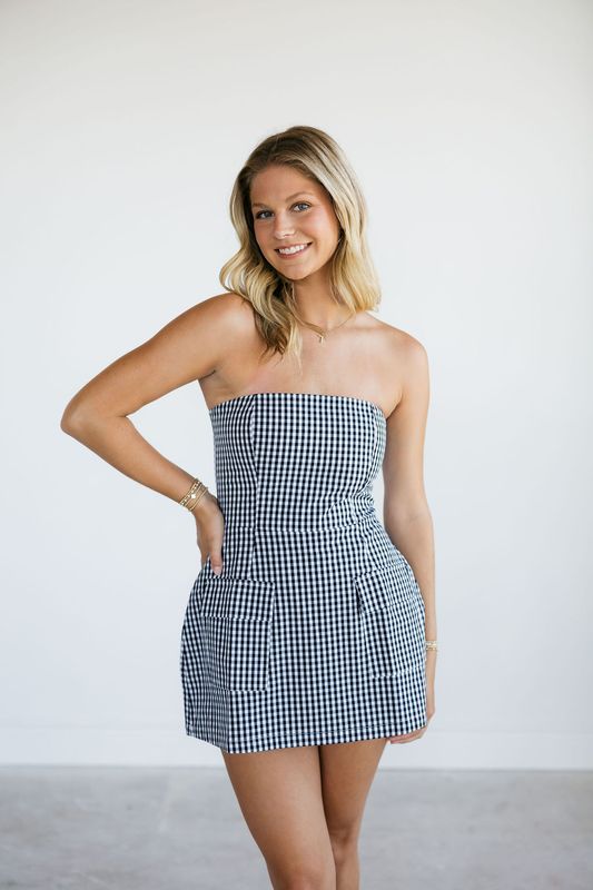Strapless Checkered Front Pocket Mini Dress