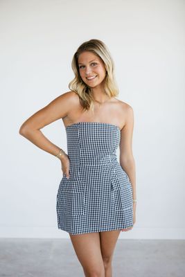 Strapless Checkered Front Pocket Mini Dress