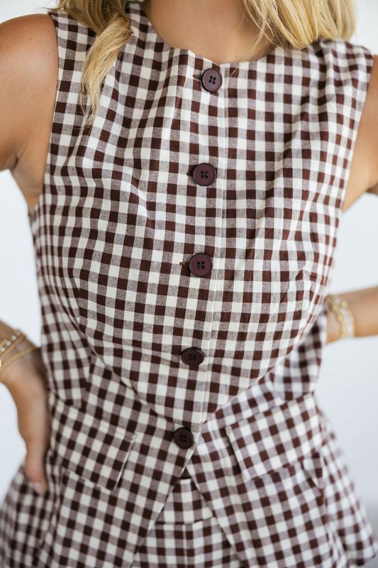 Sleeveless Gingham Button Down Vest