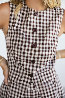 Sleeveless Gingham Button Down Vest
