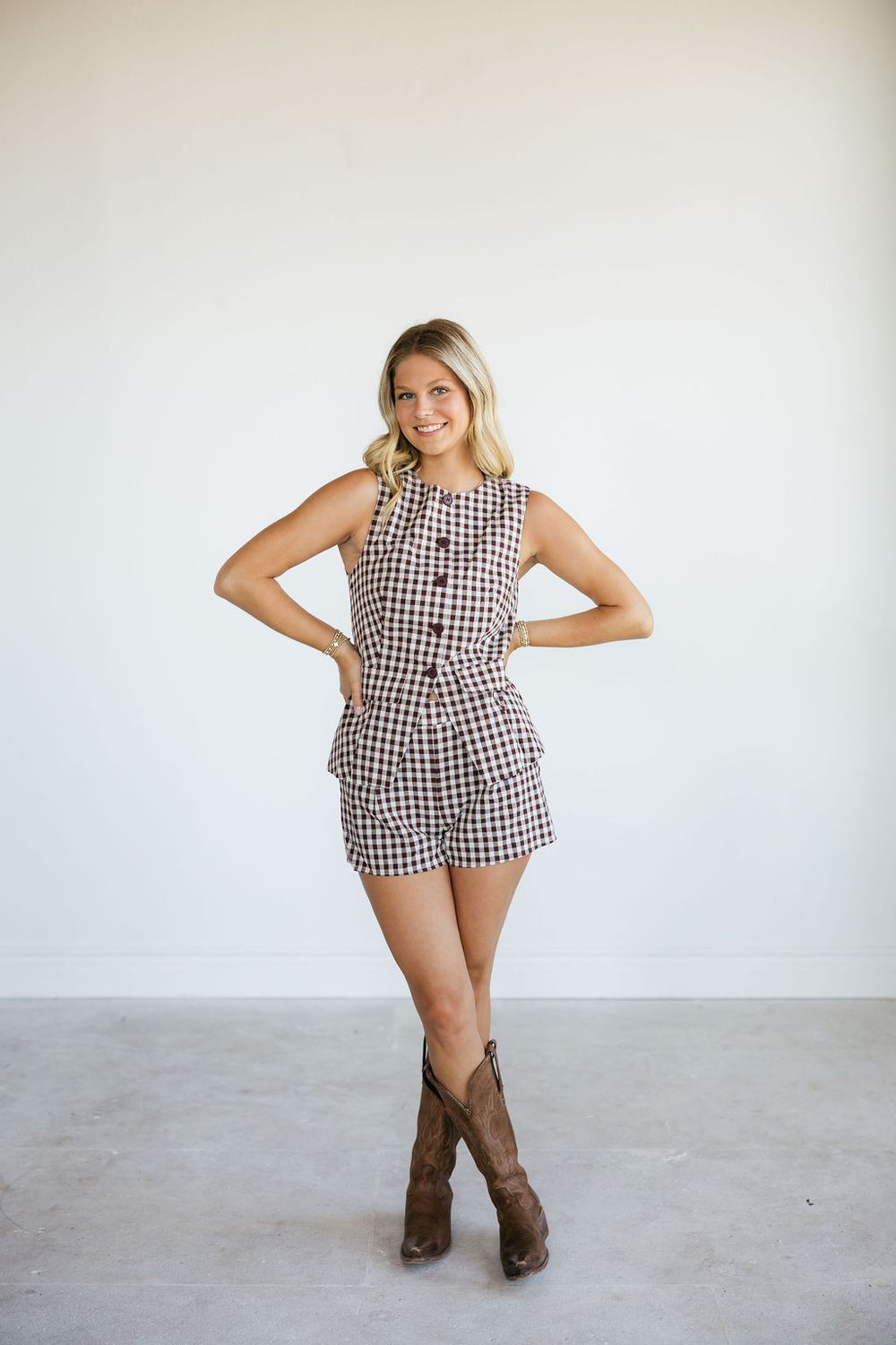 Sleeveless Gingham Button Down Vest