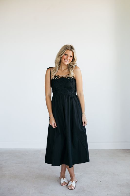 Embroidered Eyelet Bodice Thin Strap Midi
